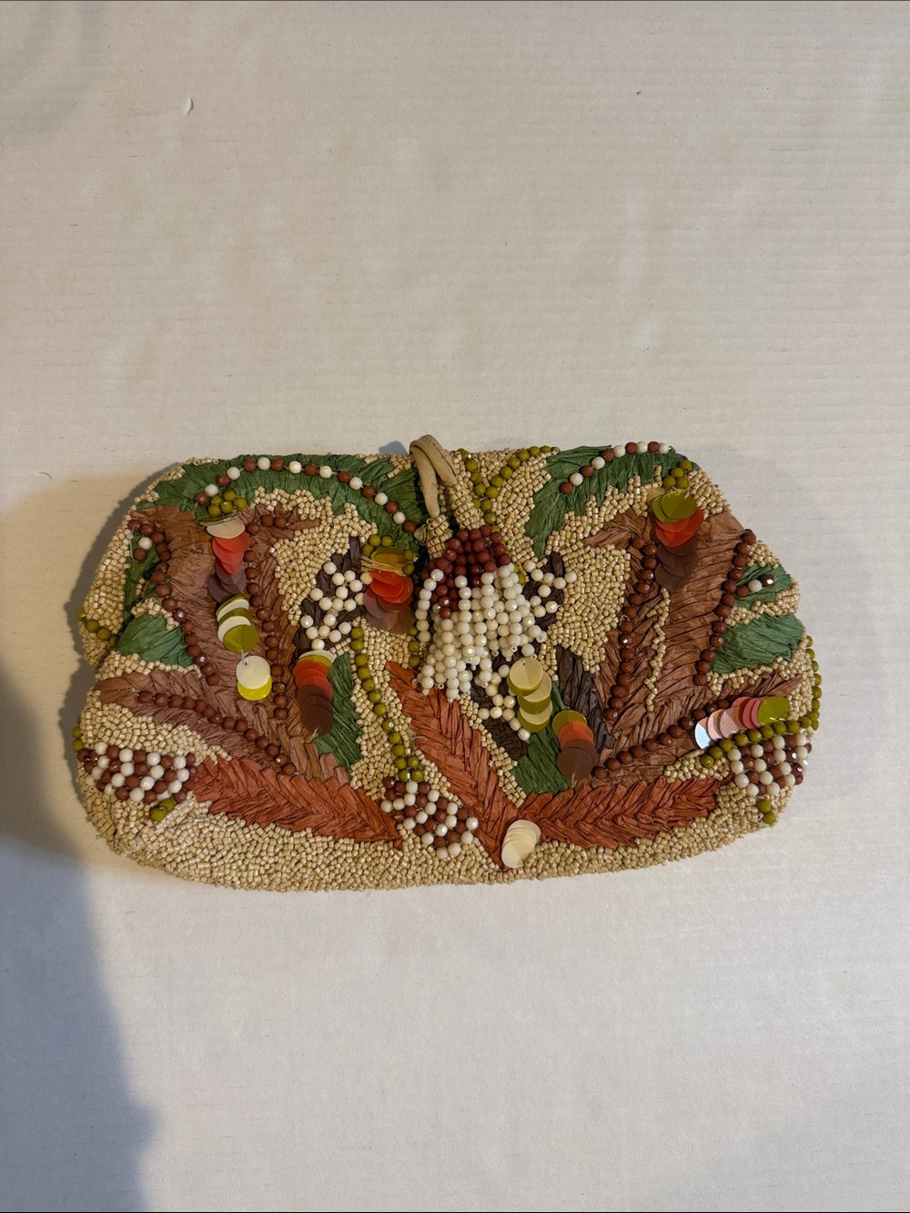 Zara Beaded Leaf Motif Clutch in Beige, Green and Brown